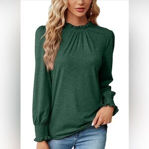 NEW Green Frilled Ruffle Neck Lantern Sleeve Smocked Cuff Blouse Size XL